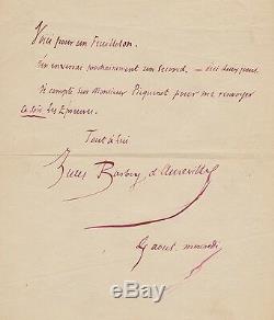Jules BARBEY D'AUREVILLY Lettre autographe signée. Sur des travaux littéraires