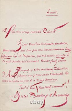 Jules BARBEY D'AUREVILLY Lettre autographe signée à Edmond ROBINET