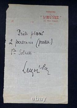 LUGNE-POE Aurélien LETTRE AUTOGRAPHE SIGNÉE, RÉSERVATION DE PLACES c. 1890