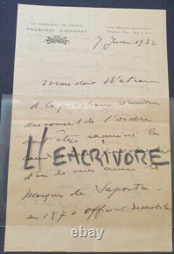 Lettre Autographe signée du Maréchal Franchet d'Espérey 1932