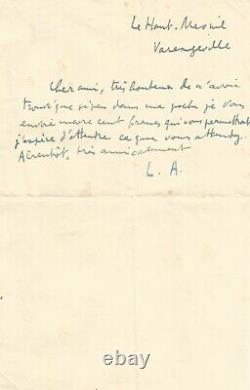 Louis ARAGON Lettre autographe signée. Honteux de navoir trouvé que si peu