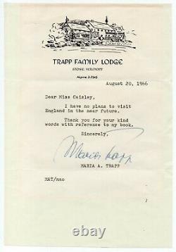 Maria von TRAPP Lettre signée, Août 1966, La Mélodie du bonheur, Julie Andrews