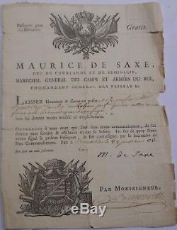 Maurice De Saxe Lettre & Passeport Signes A M. De Rohan Bruxelles 1748