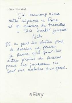 Niki de SAINT-PHALLE Lettre autographe signée sur le lancement de son parfum