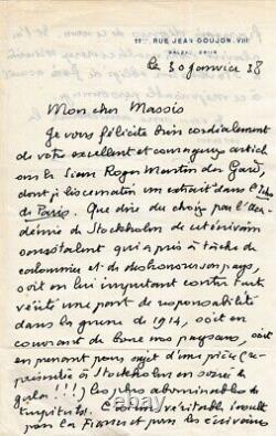 Paul CLAUDEL Lettre autographe signée à Henri MASSIS sur Roger Martin du Gard