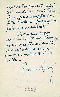 Paul SIGNAC Lettre autographe signée à Claude MONET à propos des Nymphéas. 1925