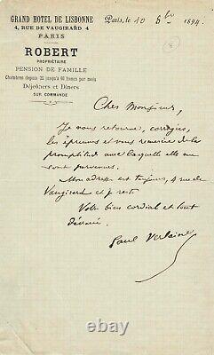 Paul VERLAINE Lettre autographe signée à l'éditeur britannique William Heineman