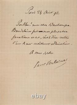 Paul VERLAINE Lettre autographe signée à propos de Charles BAUDELAIRE