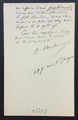 Paul VERLAINE Vol de ses manuscrits par Boudin Lettre autographe signée -2 p