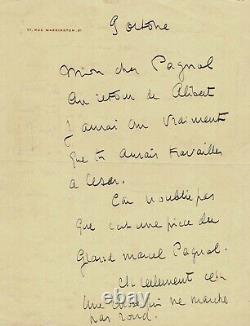 RAIMU Lettre autographe signée à M. PAGNOL. L'écriture de CÉSAR, Fanny et Marius