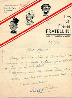 Rare, lettre autographe, frères Fratellini signée paolo Fratellini 22 aout 1933