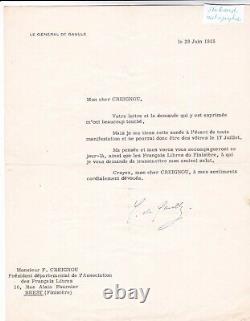 Rare lettre tapuscrite signée Général Charles de Gaulle dédicace autographe 1955
