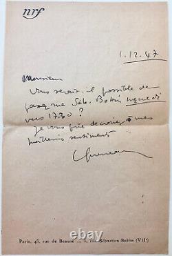 Raymond QUENEAU Lettre autographe signée à Marcel Bisiaux (1947)
