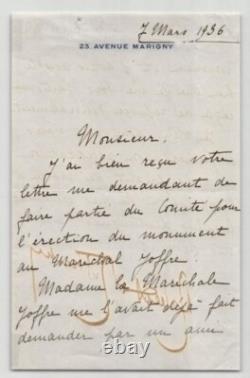 Robert de Rothschild Lettre autographe signée Monument au Maréchal Joffre 1936