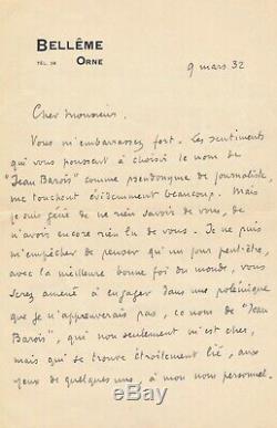 Roger MARTIN DU GARD lettre autographe signée sur pseudonyme Jean Barois