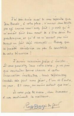 Roger MARTIN DU GARD lettre autographe signée sur pseudonyme Jean Barois