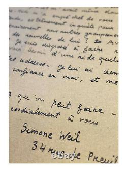 Simone WEIL / Lettre autographe signée / Communisme / Camarades / Philosophie