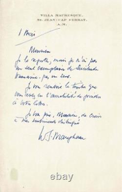 Somerset MAUGHAM Lettre autographe signée. Son roman Servitude humaine