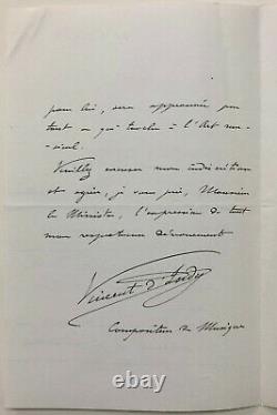 Vincent d'INDY Lettre autographe signée à propos d'Alfred Cortot